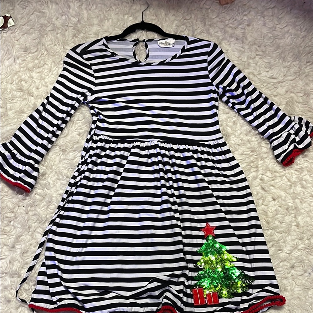 Striped Black and White Kids Dress with Christmas Tree Design